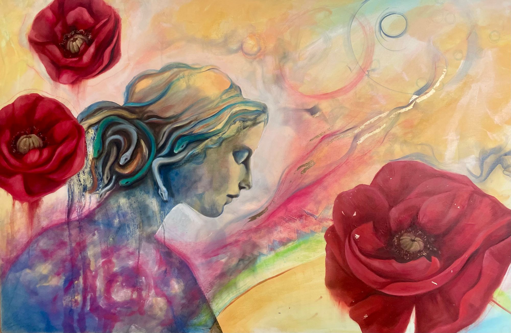 Recent painting by Amelia Passer — figure with red poppies