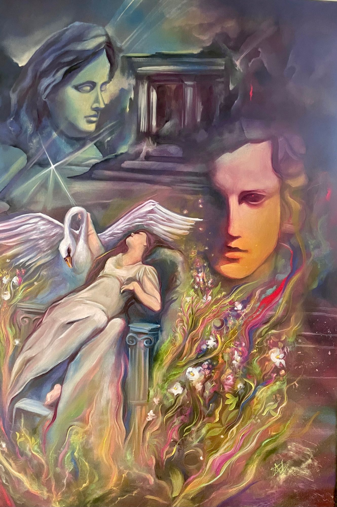 Recent painting by Amelia Passer — mythological scene with swan, flowers, and classical figures