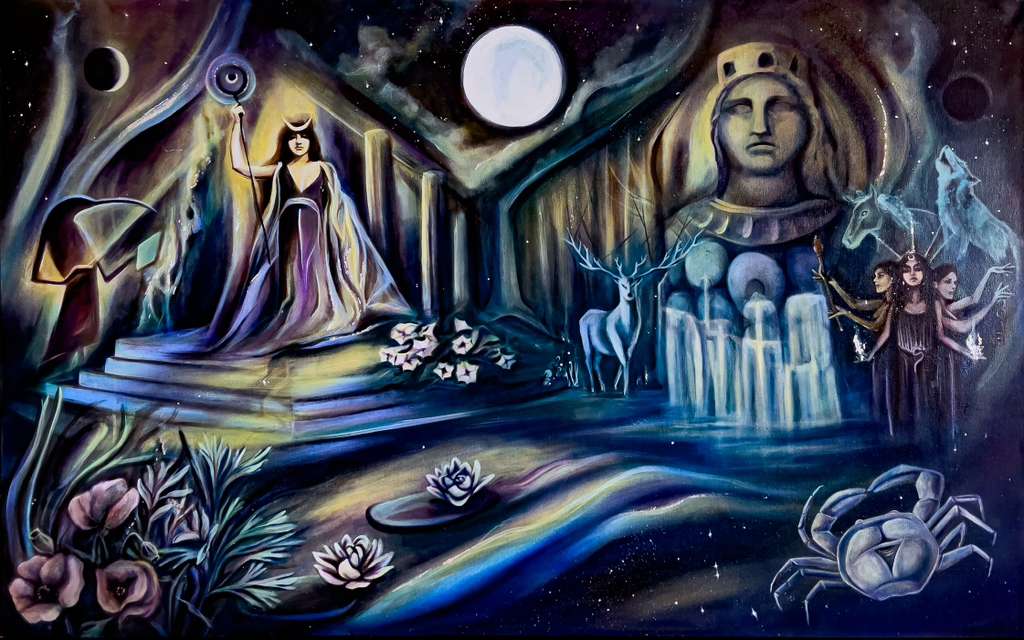 The Moon — talismanic oil painting by Amelia Passer (48×30in, oils, casein, silver leaf)