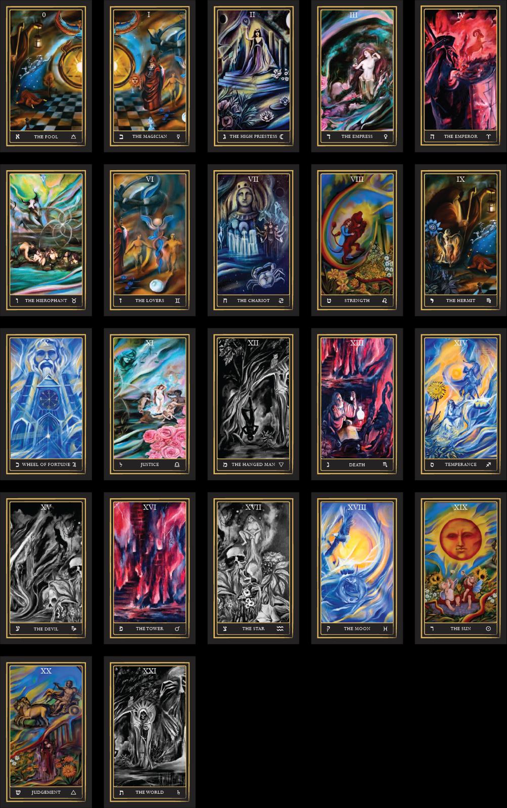 All 22 Major Arcana cards of the Astro Magician's Tarot, from The Fool through The World